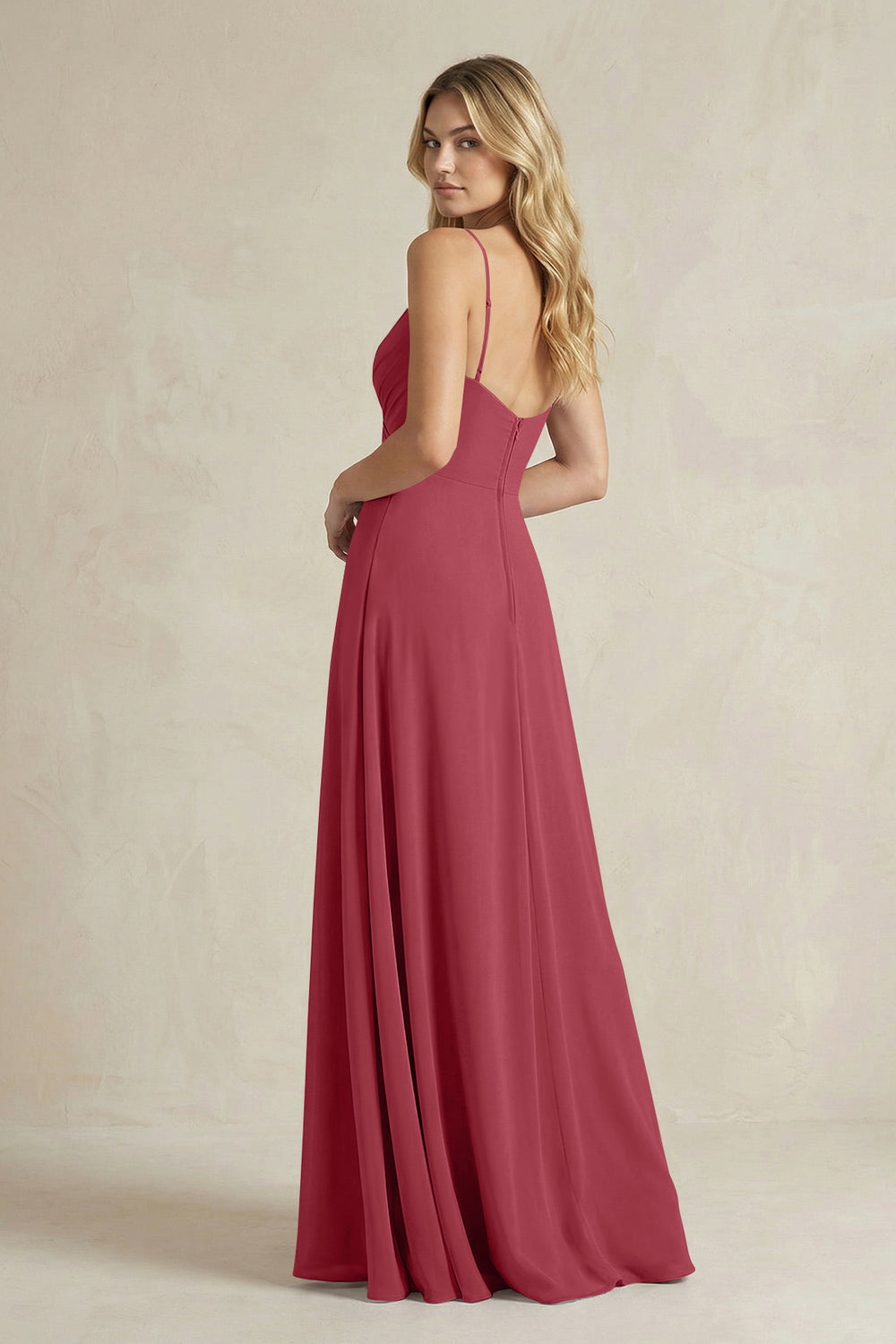 Sheath Cami Strap Ruched Chiffon Bridesmaid Dress in Merlot