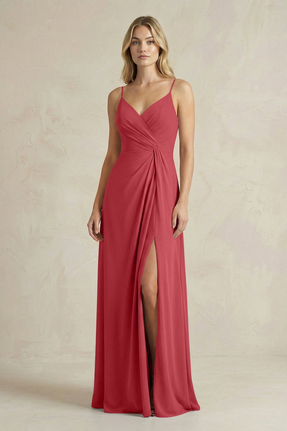 Sheath Cami Strap Ruched Chiffon Bridesmaid Dress in Merlot - KISS BRIDAL Bridesmaid Dresses