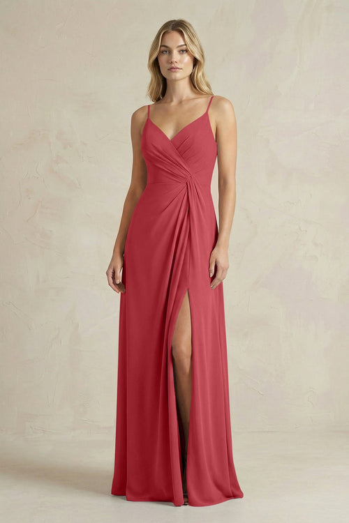 Sheath Cami Strap Ruched Chiffon Bridesmaid Dress in Merlot - SHE IS ME Bridesmaid Dresses