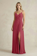 Sheath Cami Strap Ruched Chiffon Bridesmaid Dress in Merlot | KISSBRIDAL
