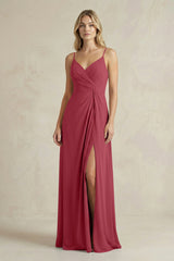 Sheath Cami Strap Ruched Chiffon Bridesmaid Dress in Merlot | KISSBRIDAL