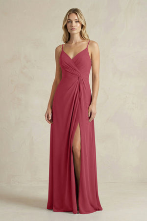 Sheath Cami Strap Ruched Chiffon Bridesmaid Dress in Merlot | KISSBRIDAL