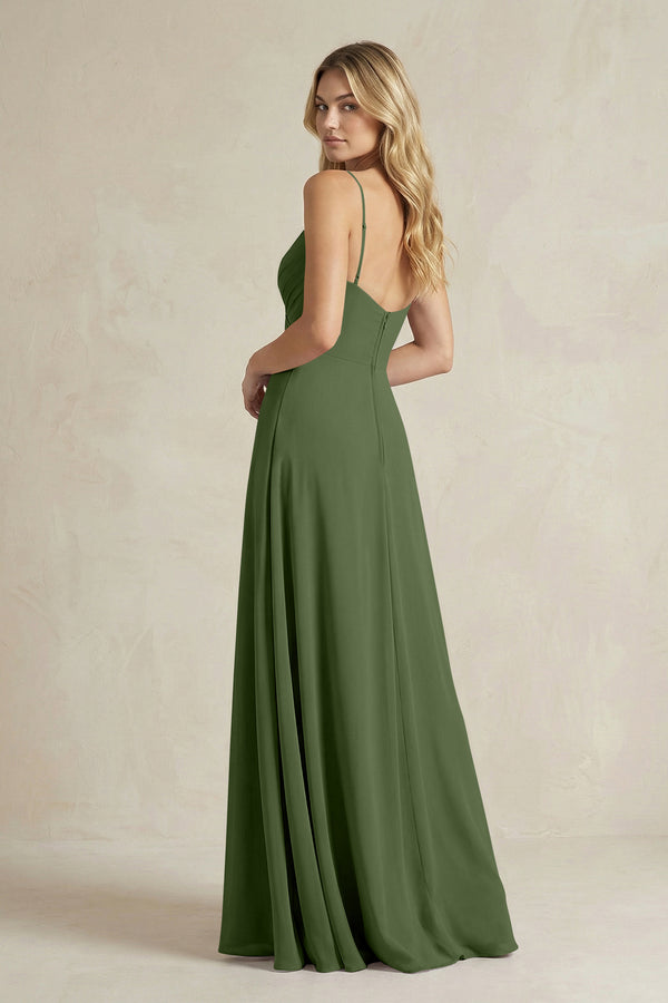 Sheath Cami Strap Ruched Chiffon Bridesmaid Dress in Moss (2) | KISSBRIDAL