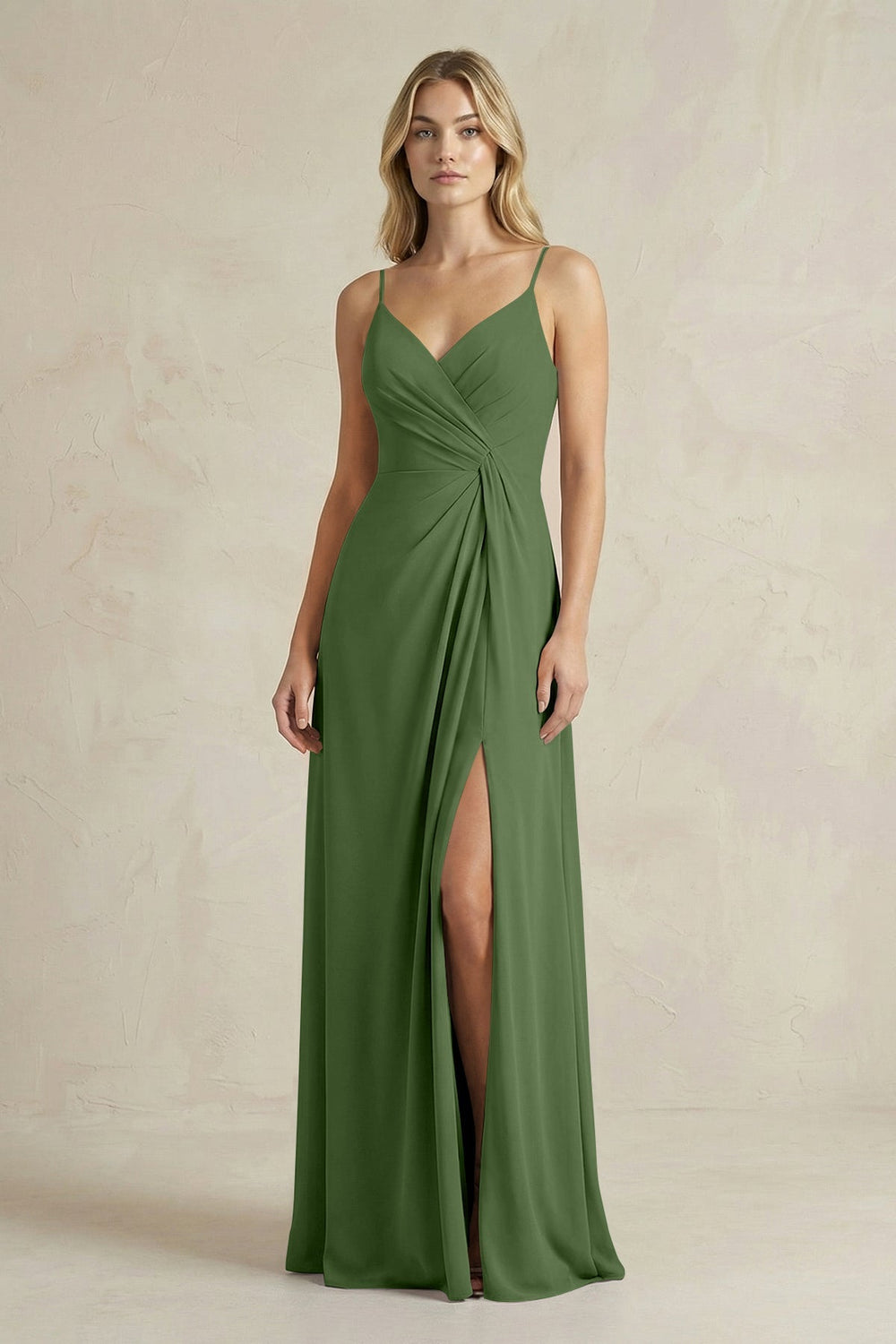 Sheath Cami Strap Ruched Chiffon Bridesmaid Dress in Moss - KISS BRIDAL Bridesmaid Dresses