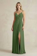 Sheath Cami Strap Ruched Chiffon Bridesmaid Dress in Moss - SHE IS ME Bridesmaid Dresses