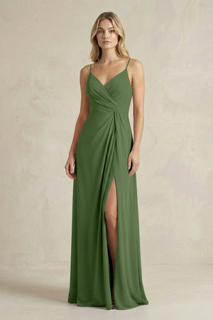Sheath Cami Strap Ruched Chiffon Bridesmaid Dress in Moss - SHE IS ME Bridesmaid Dresses