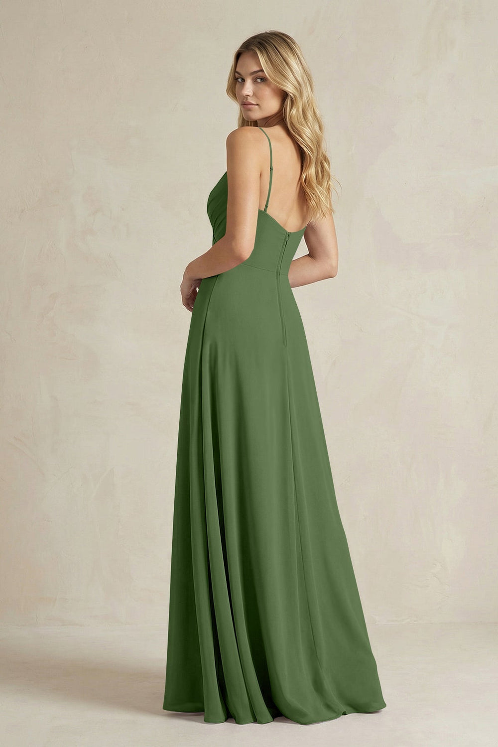 Sheath Cami Strap Ruched Chiffon Bridesmaid Dress in Moss - KISS BRIDAL Bridesmaid Dresses