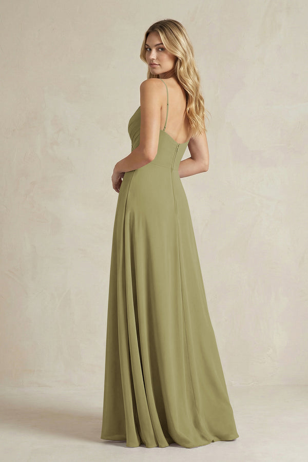 Sheath Cami Strap Ruched Chiffon Bridesmaid Dress in Moss Green (2) | KISSBRIDAL