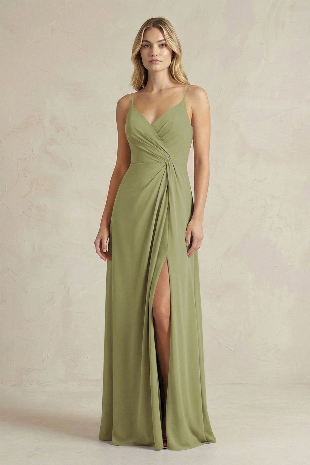 Sheath Cami Strap Ruched Chiffon Bridesmaid Dress in Moss Green - KISS BRIDAL Bridesmaid Dresses