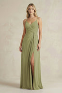 Sheath Cami Strap Ruched Chiffon Bridesmaid Dress in Moss Green - SHE IS ME Bridesmaid Dresses