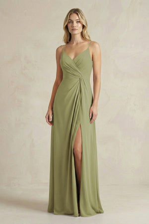 Sheath Cami Strap Ruched Chiffon Bridesmaid Dress in Moss Green - SHE IS ME Bridesmaid Dresses