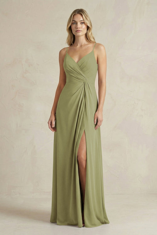 Sheath Cami Strap Ruched Chiffon Bridesmaid Dress in Moss Green - SHE IS ME Bridesmaid Dresses