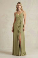 Sheath Cami Strap Ruched Chiffon Bridesmaid Dress in Moss Green | KISSBRIDAL