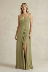 Sheath Cami Strap Ruched Chiffon Bridesmaid Dress in Moss Green | KISSBRIDAL