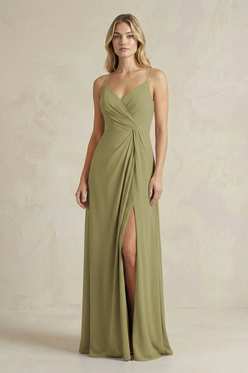 Sheath Cami Strap Ruched Chiffon Bridesmaid Dress in Moss Green | KISSBRIDAL