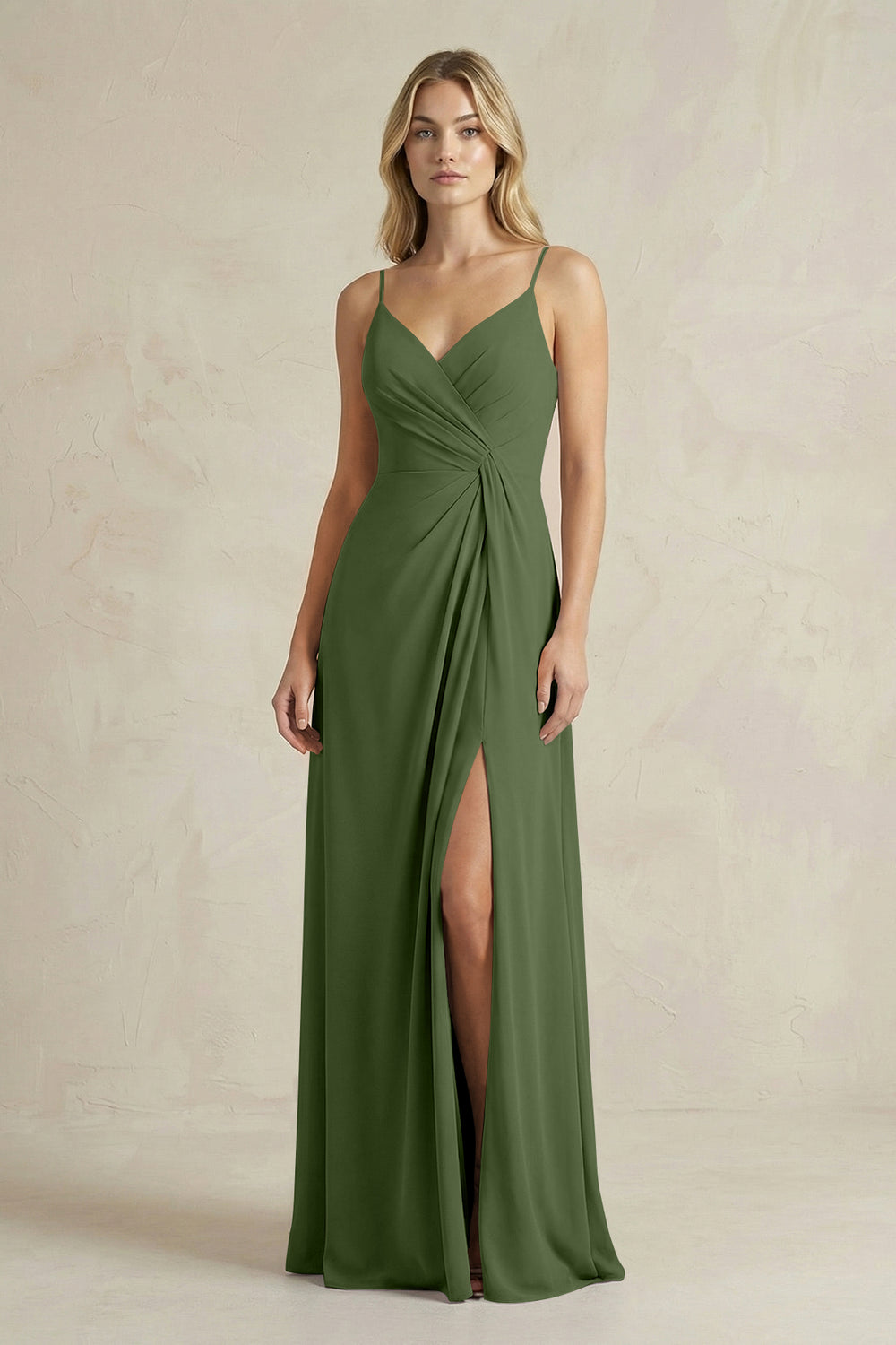Sheath Cami Strap Ruched Chiffon Bridesmaid Dress in Moss