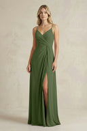 Sheath Cami Strap Ruched Chiffon Bridesmaid Dress in Moss | KISSBRIDAL