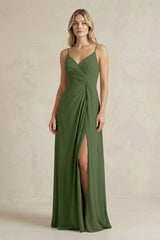 Sheath Cami Strap Ruched Chiffon Bridesmaid Dress in Moss | KISSBRIDAL