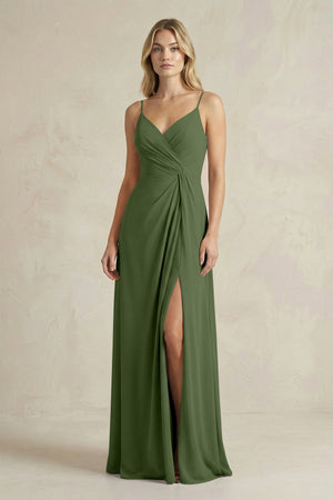 Sheath Cami Strap Ruched Chiffon Bridesmaid Dress in Moss | KISSBRIDAL