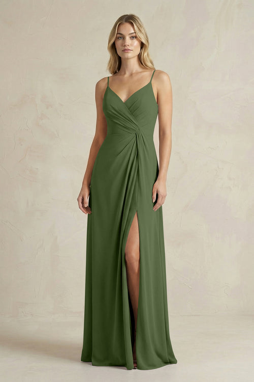 Sheath Cami Strap Ruched Chiffon Bridesmaid Dress in Moss | KISSBRIDAL