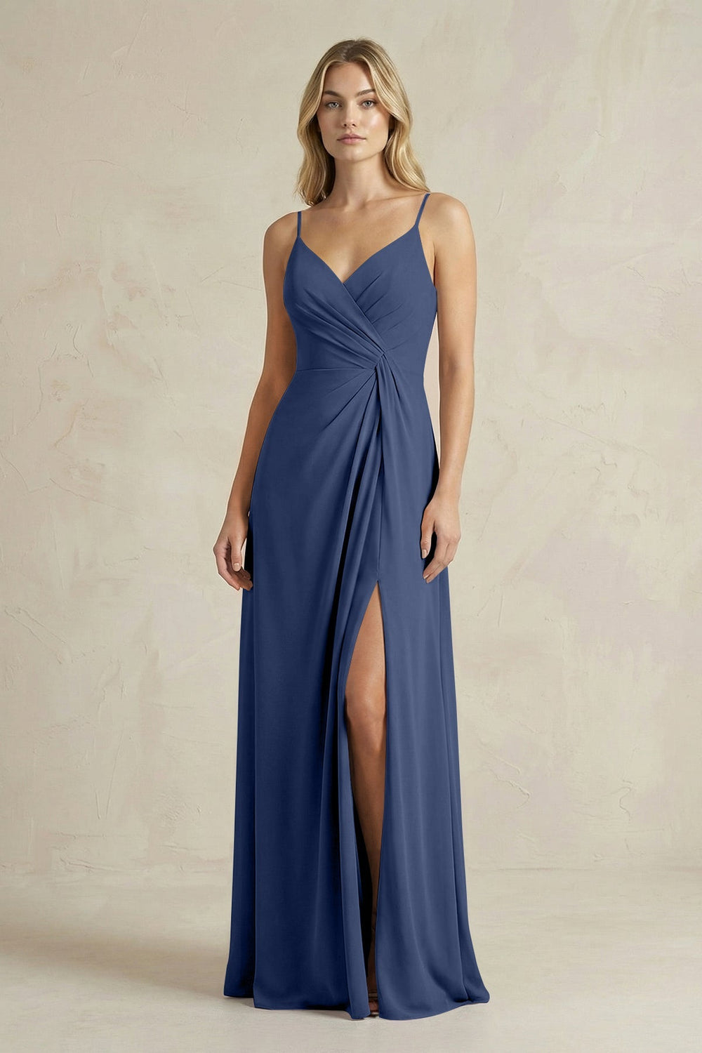 Sheath Cami Strap Ruched Chiffon Bridesmaid Dress in Navy - KISS BRIDAL Bridesmaid Dresses