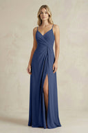 Sheath Cami Strap Ruched Chiffon Bridesmaid Dress in Navy - SHE IS ME Bridesmaid Dresses