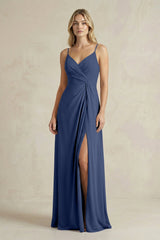 Sheath Cami Strap Ruched Chiffon Bridesmaid Dress in Navy - KISS BRIDAL Bridesmaid Dresses