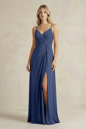Sheath Cami Strap Ruched Chiffon Bridesmaid Dress in Navy - SHE IS ME Bridesmaid Dresses