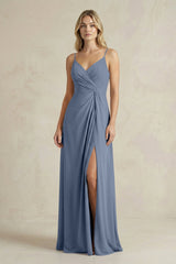 Sheath Cami Strap Ruched Chiffon Bridesmaid Dress in Neptune - KISS BRIDAL Bridesmaid Dresses