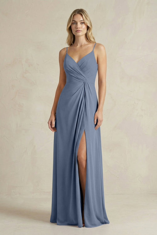 Sheath Cami Strap Ruched Chiffon Bridesmaid Dress in Neptune - SHE IS ME Bridesmaid Dresses