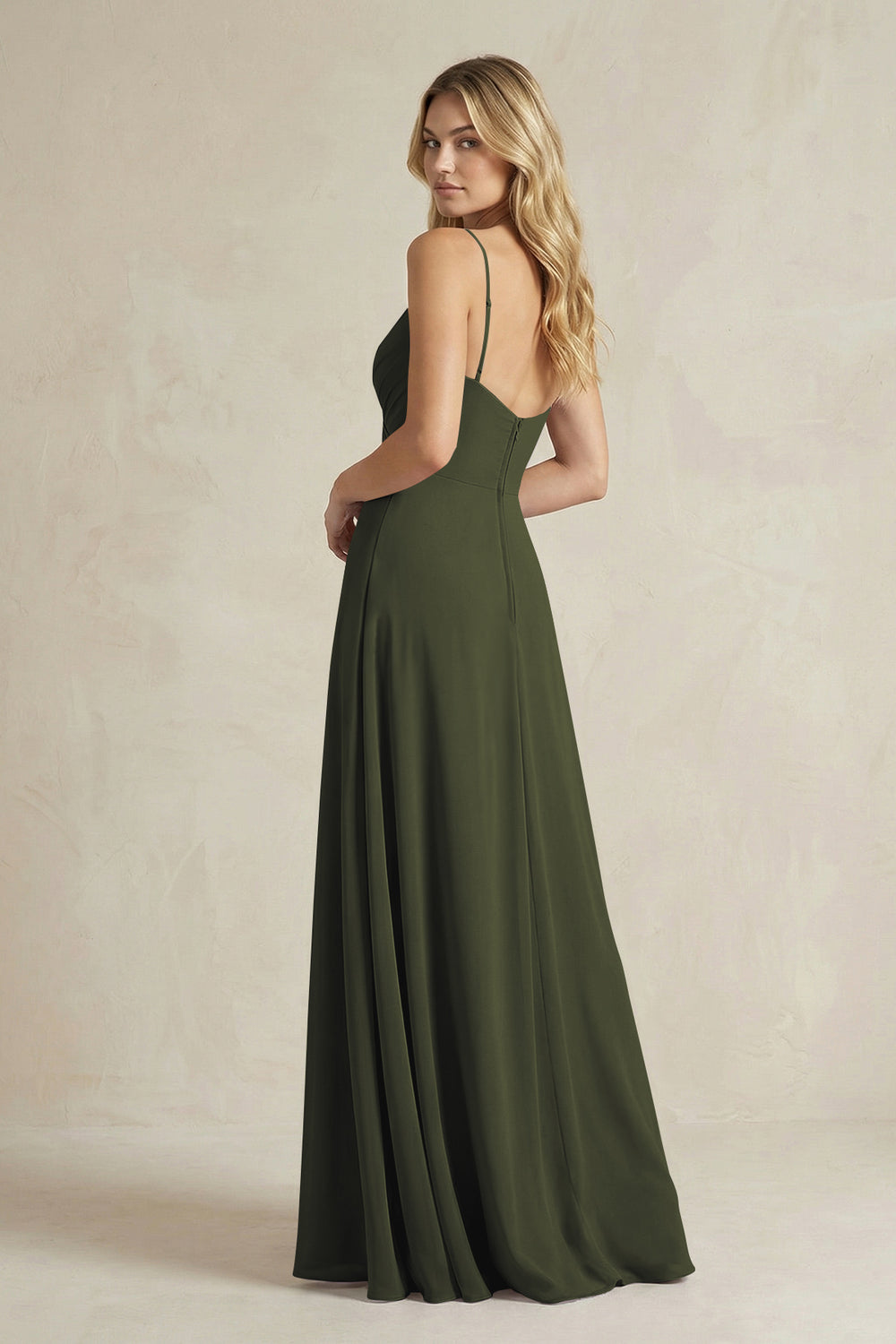 Sheath Cami Strap Ruched Chiffon Bridesmaid Dress in Olive