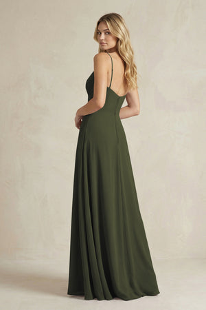 Sheath Cami Strap Ruched Chiffon Bridesmaid Dress in Olive (2) | KISSBRIDAL