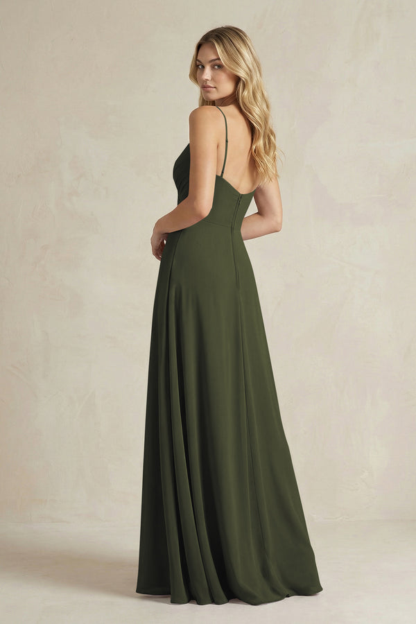 Sheath Cami Strap Ruched Chiffon Bridesmaid Dress in Olive (2) | KISSBRIDAL
