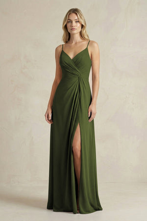 Sheath Cami Strap Ruched Chiffon Bridesmaid Dress in Olive - SHE IS ME Bridesmaid Dresses