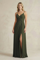 Sheath Cami Strap Ruched Chiffon Bridesmaid Dress in Olive | KISSBRIDAL