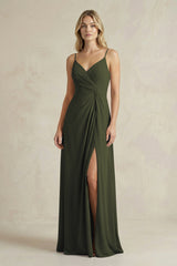 Sheath Cami Strap Ruched Chiffon Bridesmaid Dress in Olive | KISSBRIDAL