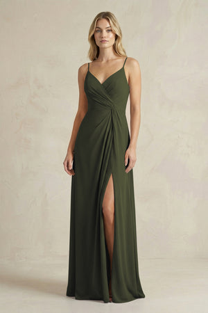 Sheath Cami Strap Ruched Chiffon Bridesmaid Dress in Olive | KISSBRIDAL