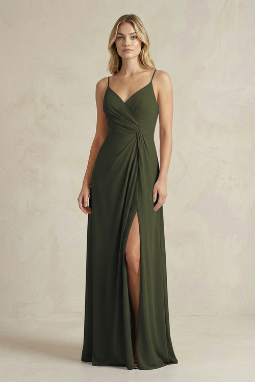 Sheath Cami Strap Ruched Chiffon Bridesmaid Dress in Olive | KISSBRIDAL