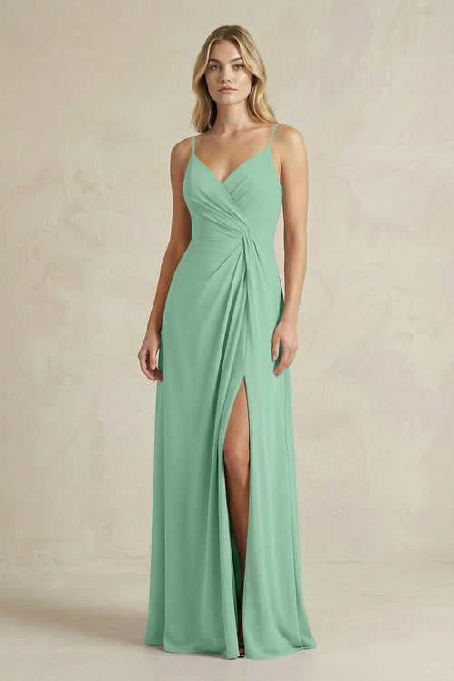 Sheath Cami Strap Ruched Chiffon Bridesmaid Dress in Pale Pistachio - SHE IS ME Bridesmaid Dresses