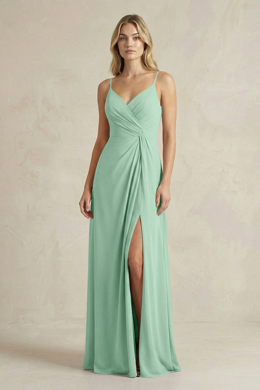 Sheath Cami Strap Ruched Chiffon Bridesmaid Dress in Pale Pistachio