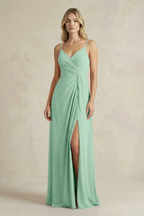 Sheath Cami Strap Ruched Chiffon Bridesmaid Dress in Pale Pistachio | KISSBRIDAL