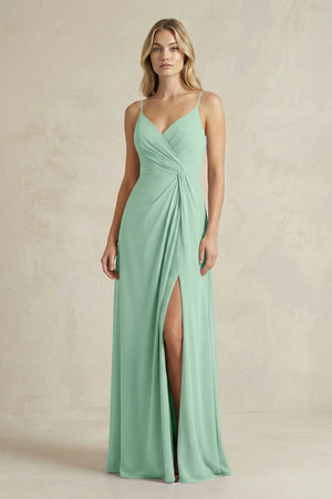 Sheath Cami Strap Ruched Chiffon Bridesmaid Dress in Pale Pistachio | KISSBRIDAL