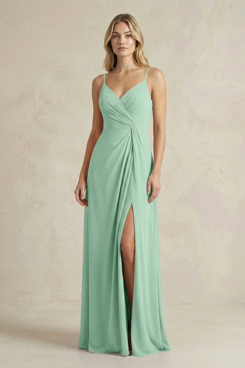 Sheath Cami Strap Ruched Chiffon Bridesmaid Dress in Pale Pistachio | KISSBRIDAL