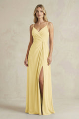 Sheath Cami Strap Ruched Chiffon Bridesmaid Dress in Pastel Yellow - KISS BRIDAL Bridesmaid Dresses