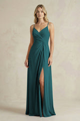 Sheath Cami Strap Ruched Chiffon Bridesmaid Dress in Pine - KISS BRIDAL Bridesmaid Dresses