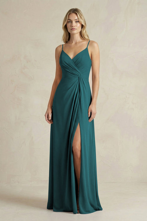 Sheath Cami Strap Ruched Chiffon Bridesmaid Dress in Pine - SHE IS ME Bridesmaid Dresses