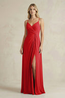 Sheath Cami Strap Ruched Chiffon Bridesmaid Dress in Ruby Red - SHE IS ME Bridesmaid Dresses
