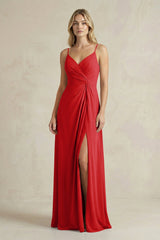 Sheath Cami Strap Ruched Chiffon Bridesmaid Dress in Ruby Red - KISS BRIDAL Bridesmaid Dresses