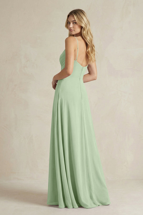 Sheath Cami Strap Ruched Chiffon Bridesmaid Dress in Sage - SHE IS ME Bridesmaid Dresses