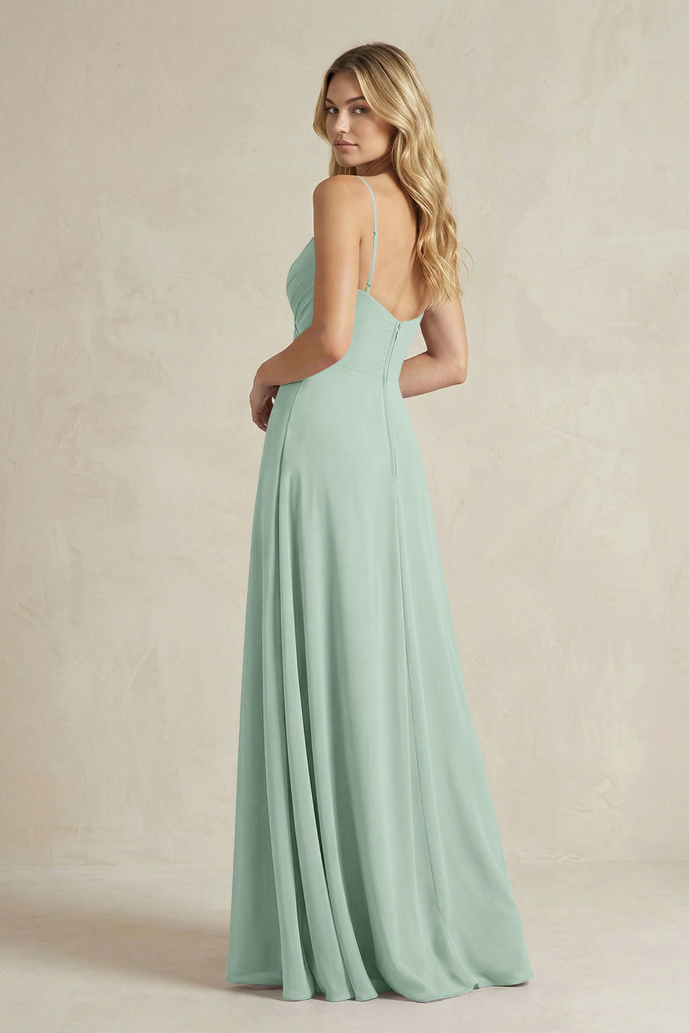 Sheath Cami Strap Ruched Chiffon Bridesmaid Dress in Sage